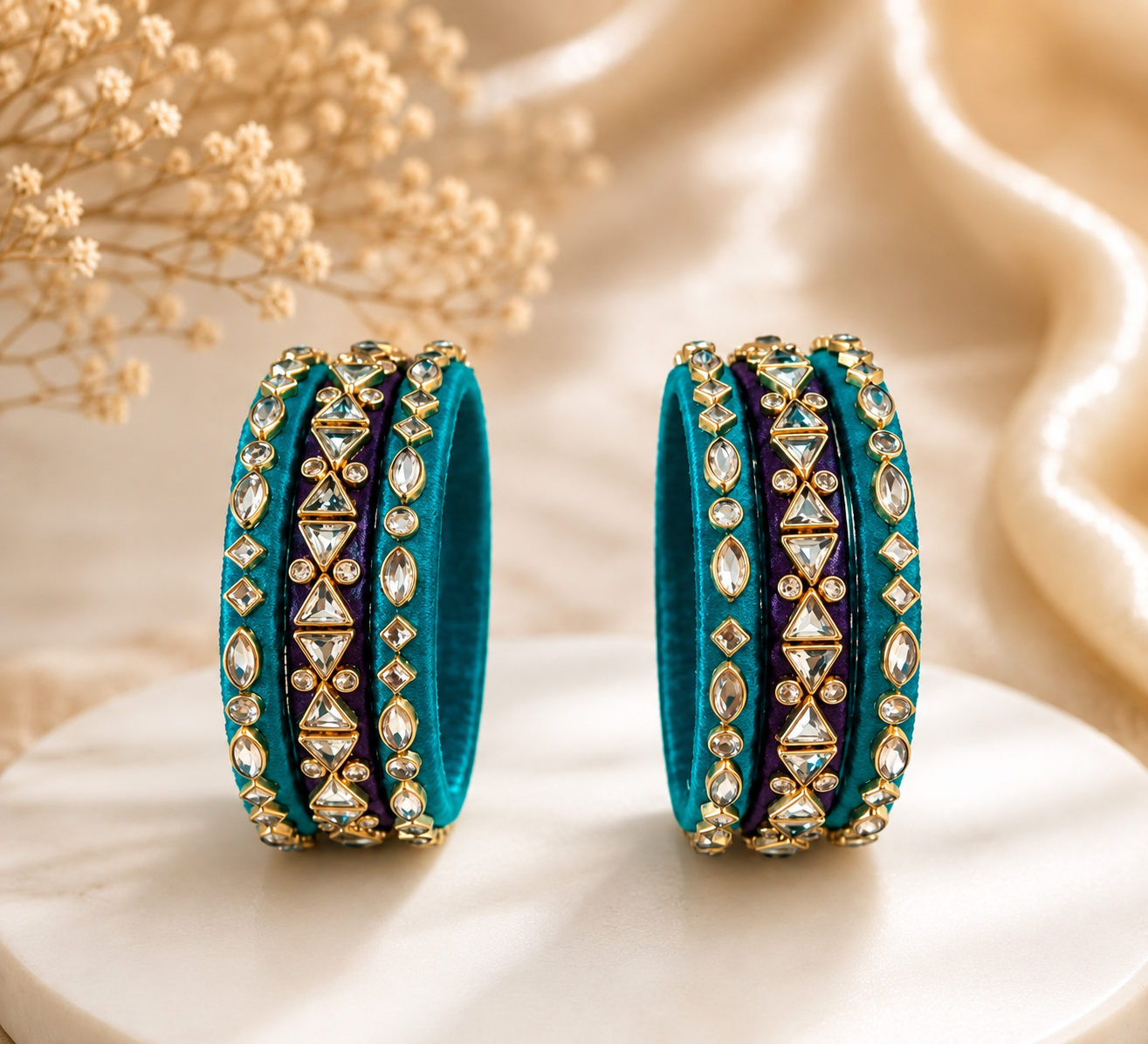 Royal Teal & Purple Thread Stone Bangle Set