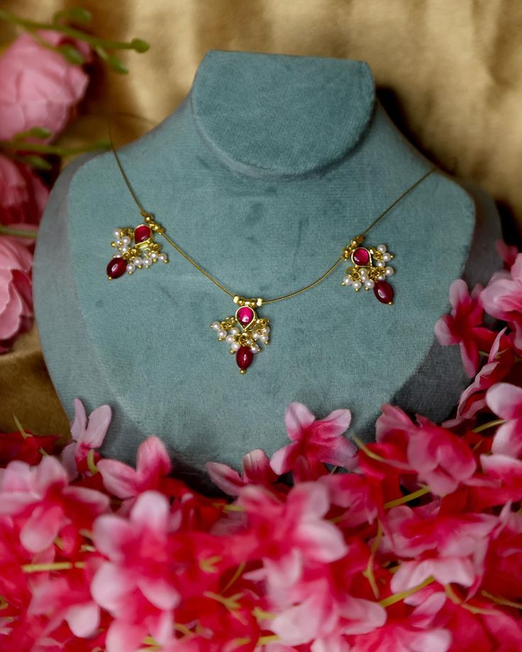 Ruby Pearl Floral Pendant Necklace