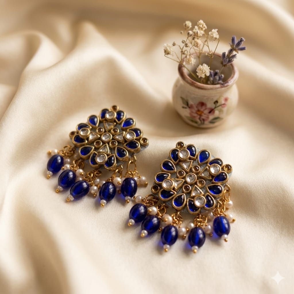 Royal Blue Floral Kundan Chandbali Earrings