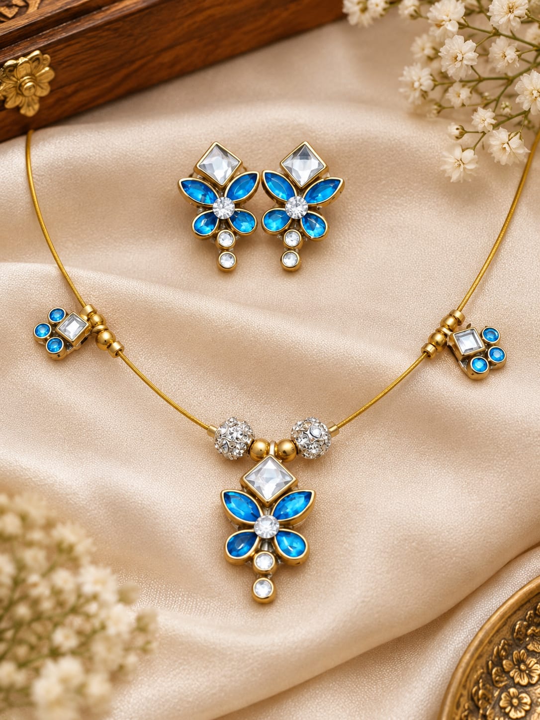 Blue Floral Crystal Necklace & Earrings Set