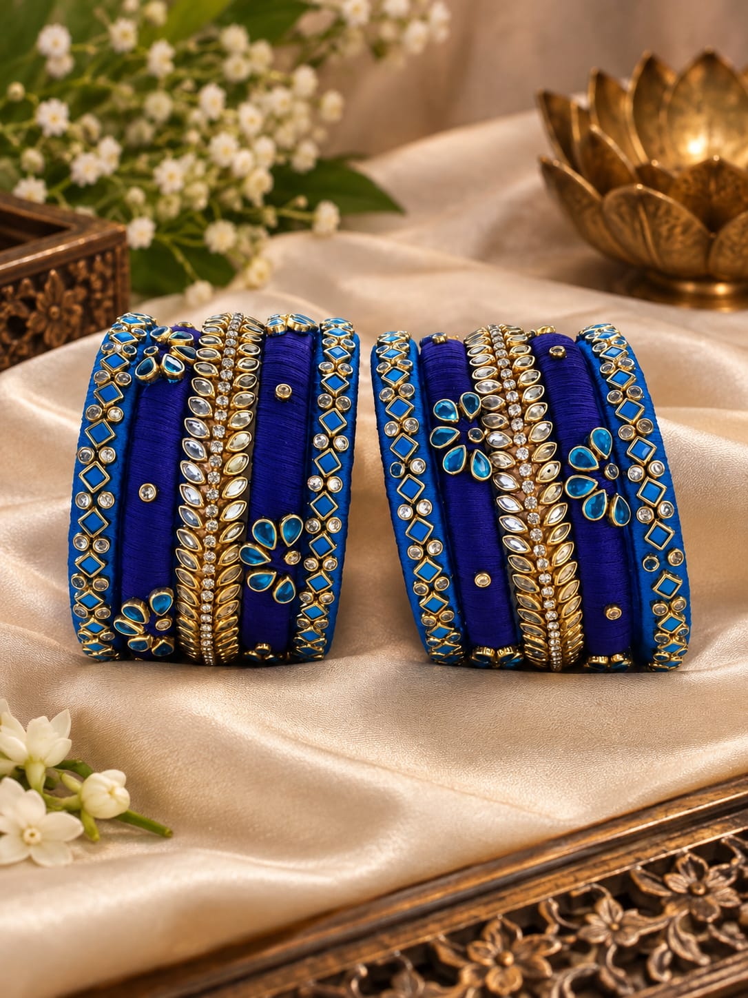 Royal Blue Kundan Silk Thread Bangles