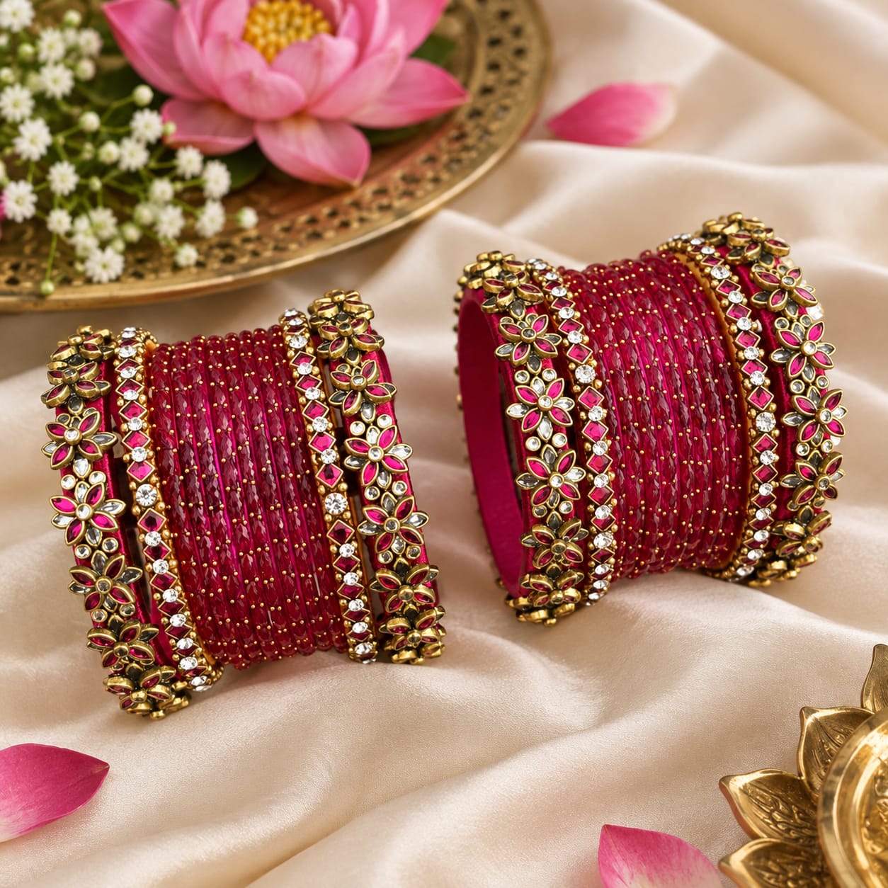 Royal Pink Floral Kundan Thread Bangle Set