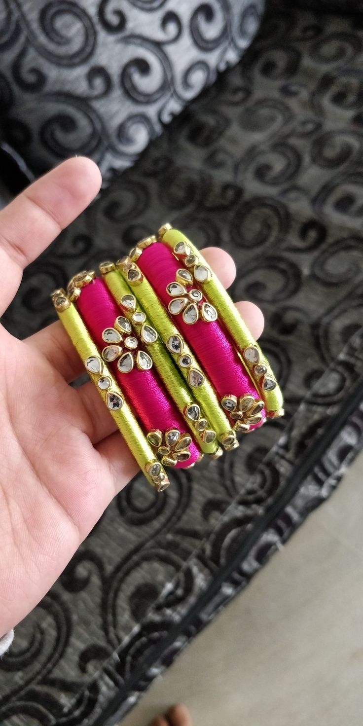 Pink & Lime Green Kundan Thread Bangles Floral Kundan Handcrafted Bangles