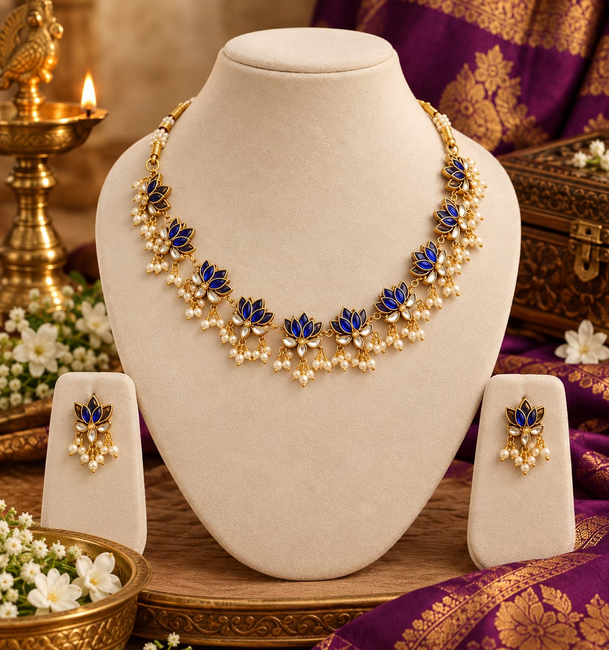 Royal Blue Lotus Pearl Necklace Set