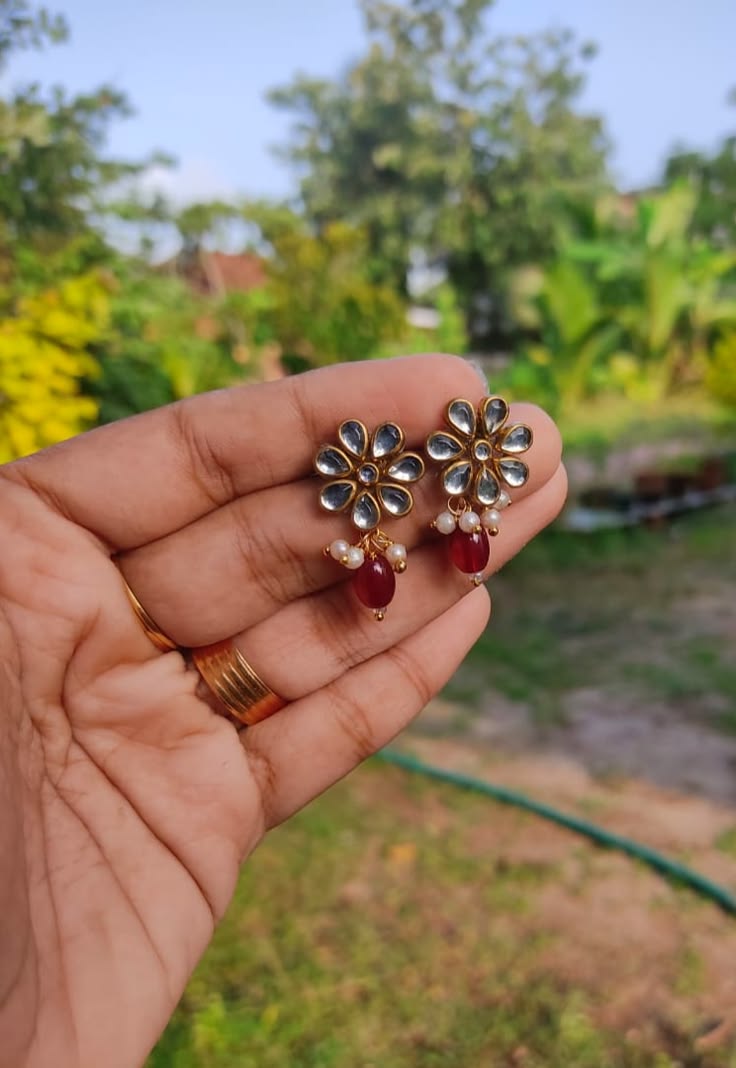 White Floral Kundan Drop Earrings