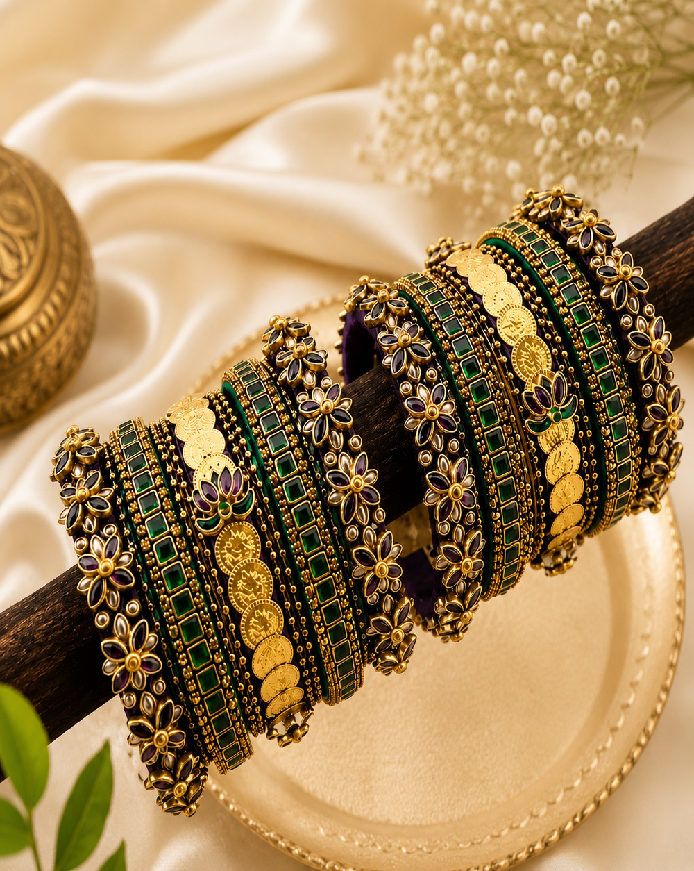 Royal Emerald Traditional Designer Bangles Set (14 Bangles)