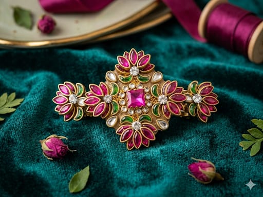 Royal Pink & Green Floral Designer Hair Clip